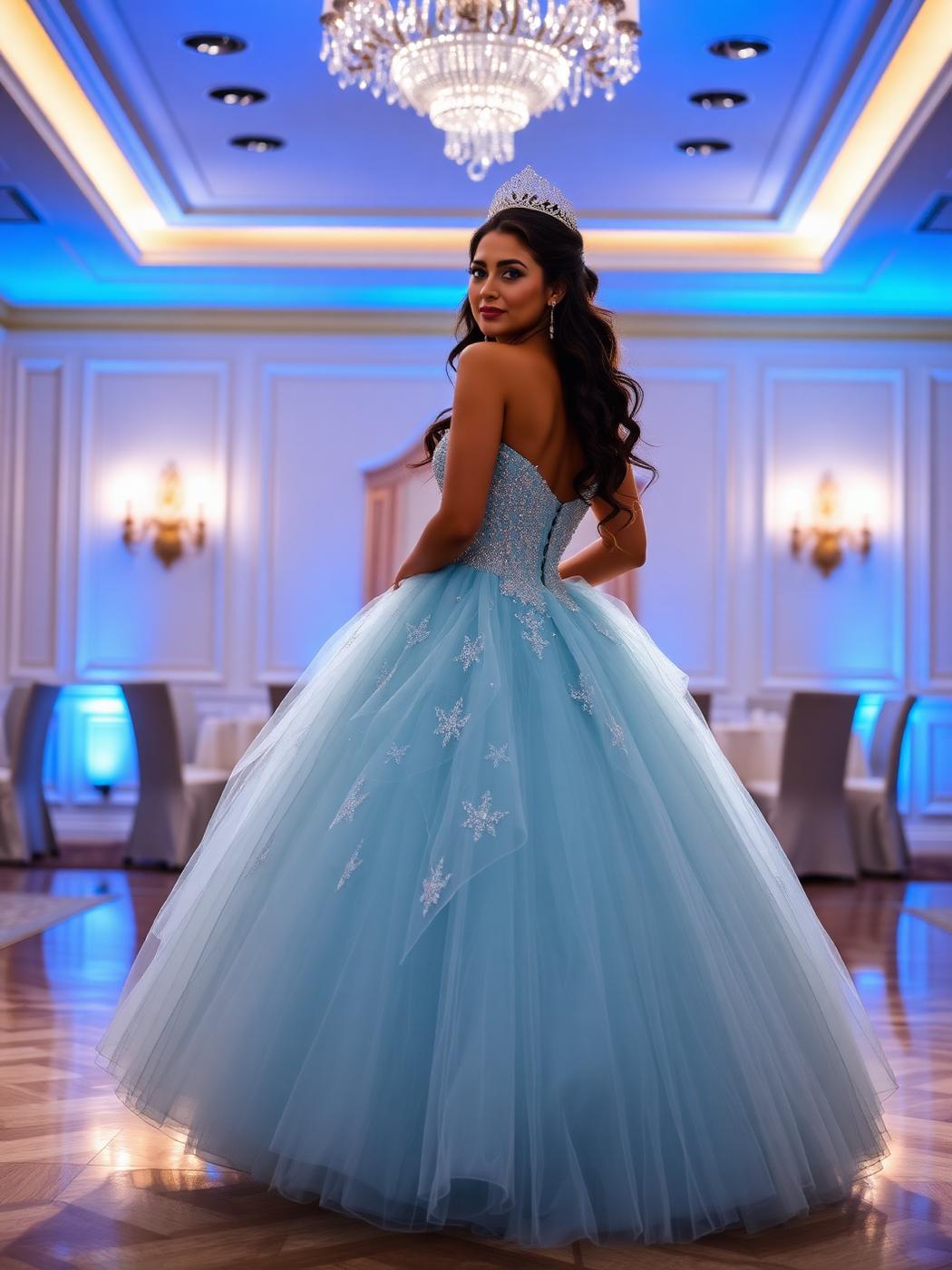 Cinderella blue ballgown in a luxury ballroom