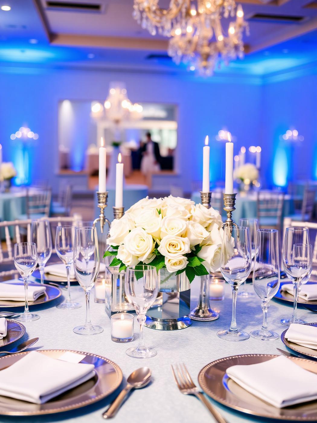 Blue and silver reception table