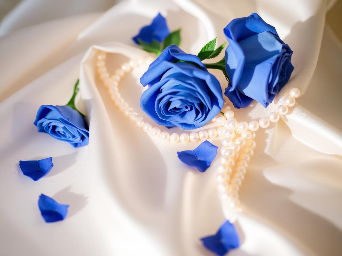 Blue roses on ivory satin